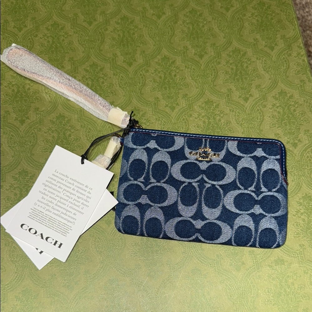 ⭐️SOLD⭐️ NWT Coach Corner Zip Denim Wristlet with Cherry Charm